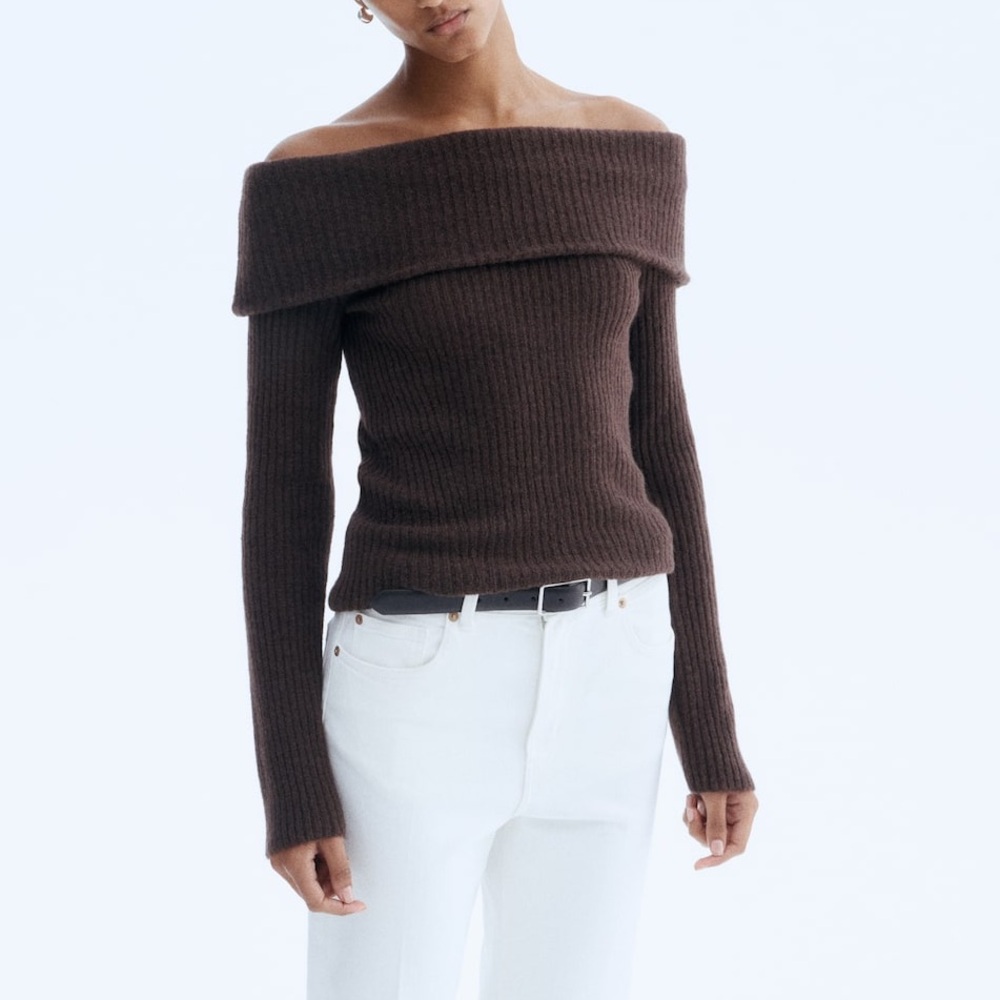 H&M Rib-Knit Brown Off-Shoulder Long Sleeve Sweater